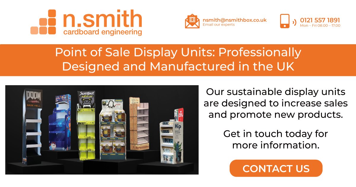 point of sale display units: professionally designed and manufactures in the uk. image of some display stands made of sustainable cardboard