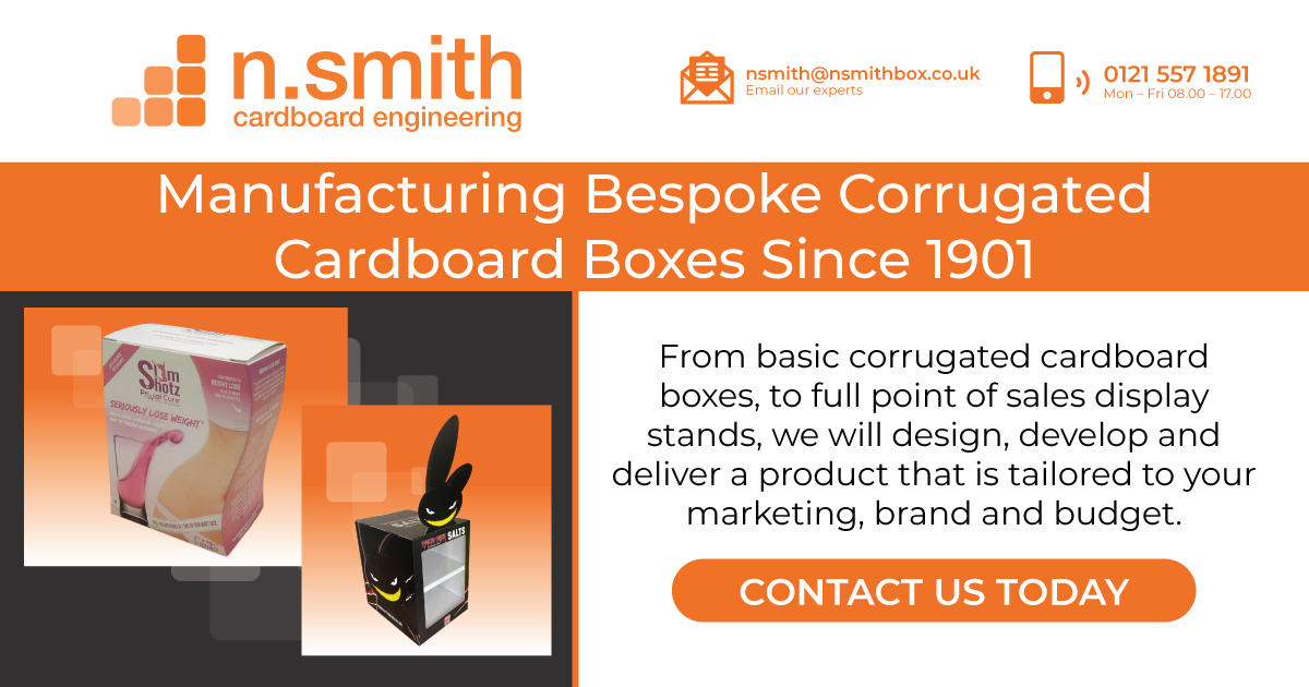 image of two custom made boxes, one for slim shots and the other of psycho bunny with a black bunny on it. the text says "Manufacturing Bespoke Corrugated Cardboard Boxes Since 1901"