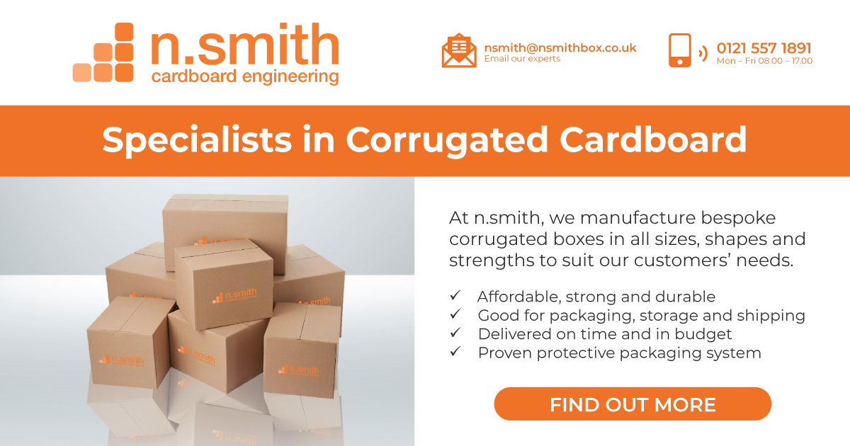 image of some corrugated boxes on a plain grey background and some bullet point information about n.smith's corrugated boxes