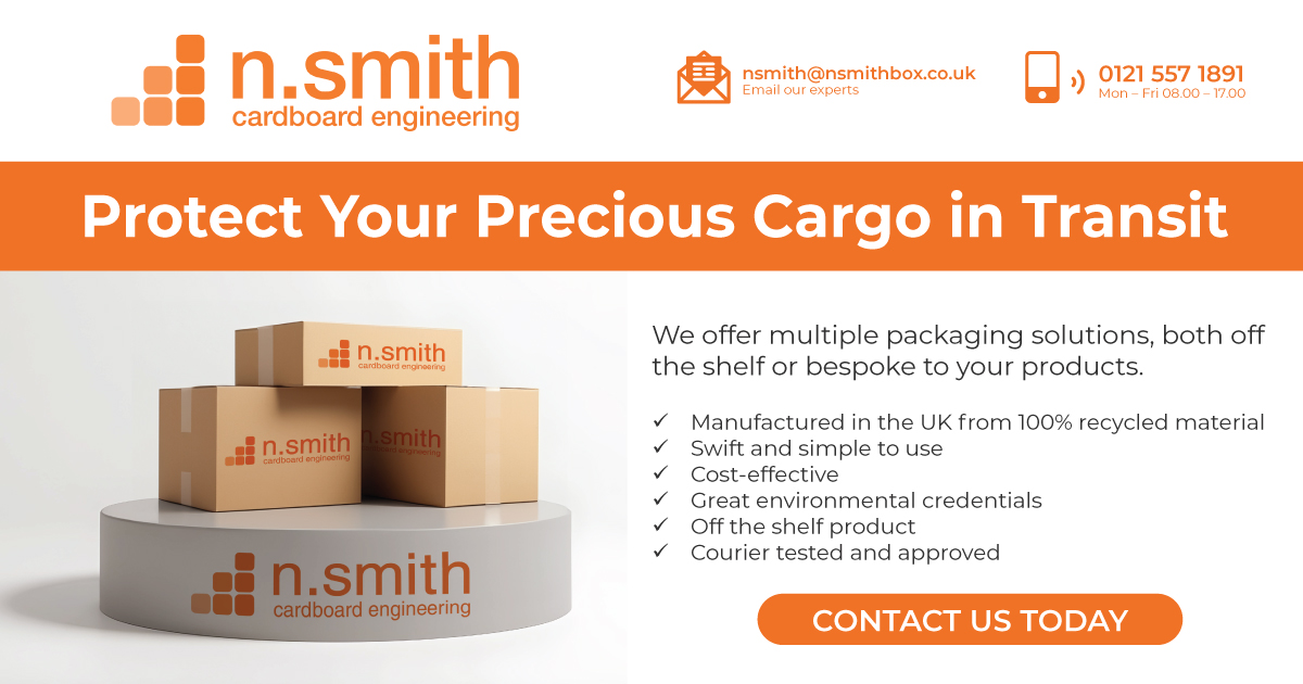 image of some corrugated boxes on a plain grey background standing on a plinth, and some bullet point information about n.smith's corrugated boxes