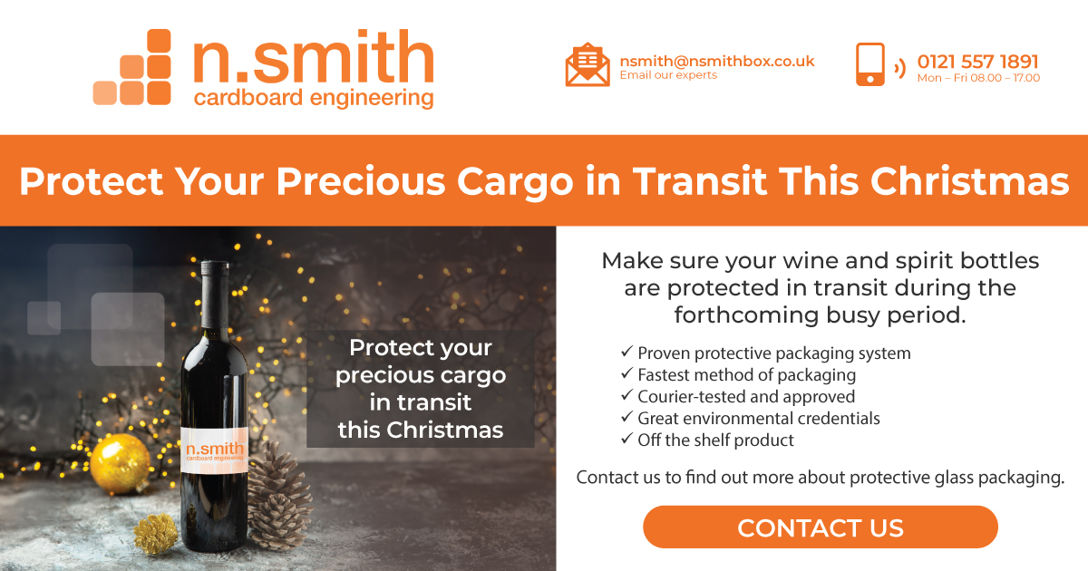 protect your precious cargo in transit this christmas, image of a glass bottle of wine with the n.smith logo on the label