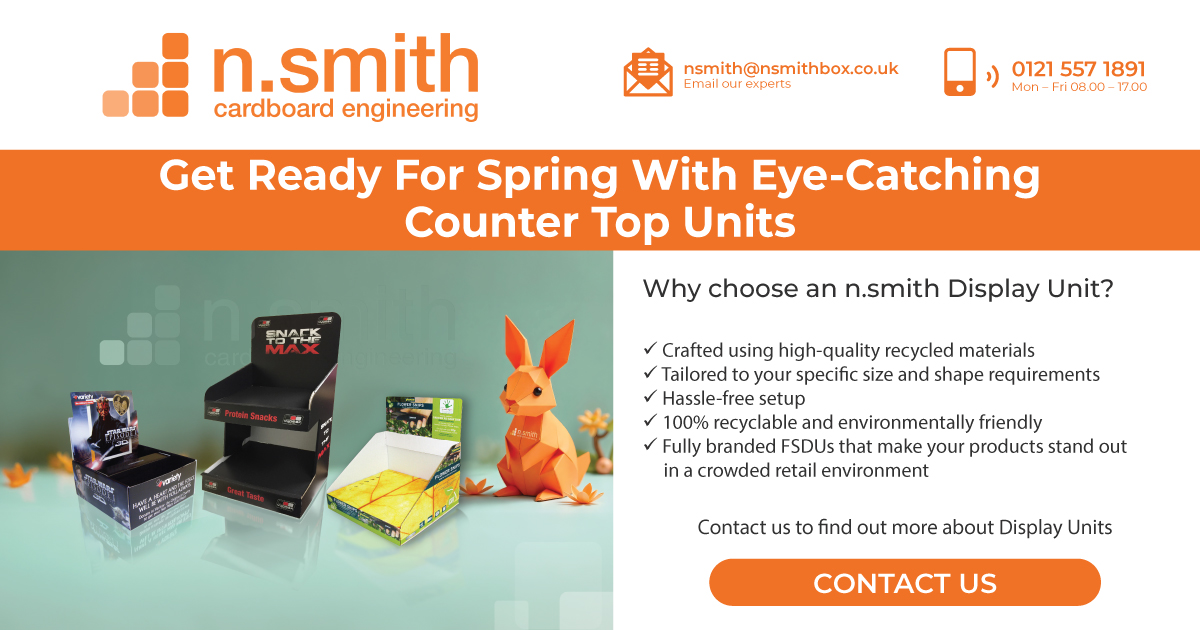 cute spring bunny with the orange n.smith branding on it showing its collection of free standing display units from n.smith