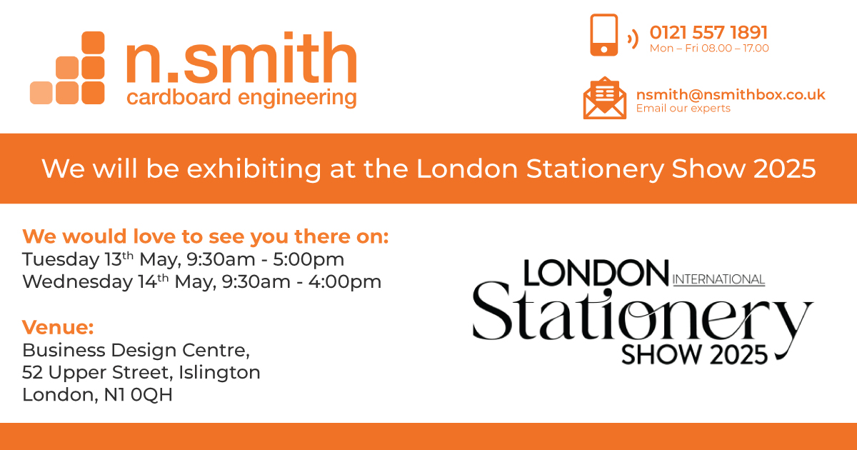 image promoting the london stationery show 2025 where n smith will be exhibiting their services, the image has the n smith logo on the top left and orange branding, there is a london international stationery show 2025 logo in the bottom right corner in black