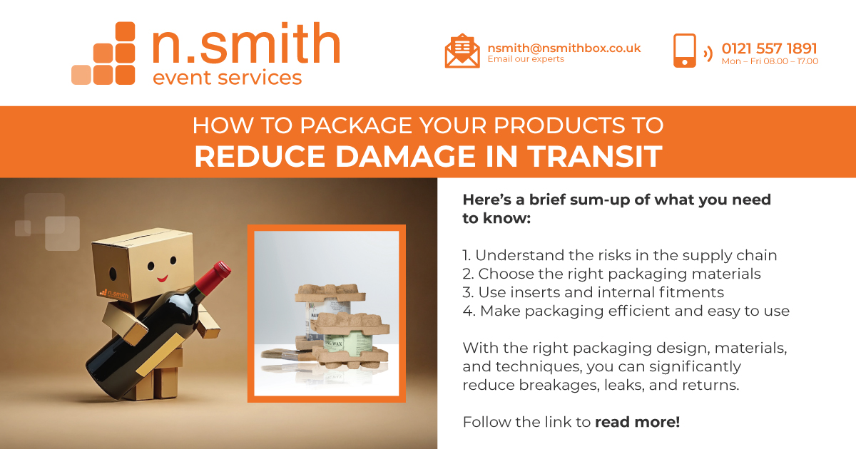 photograph on the left of a cardboard robot protecting a wine bottle by holding it in its arms, and to the right of that is a separate image of a tin of paint wrapped in protective cardboard packaging ready to be shipped safely. to the right of it all is text talking about how to package your products to reduce damage in transit