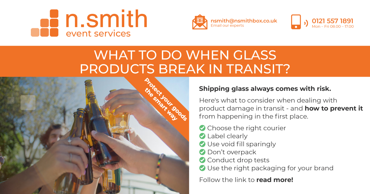 photograph of multiple people's hands with glass bottles doing a cheer in the air, and a blue sky in the background. text: "what to do when glass products break in transit?"